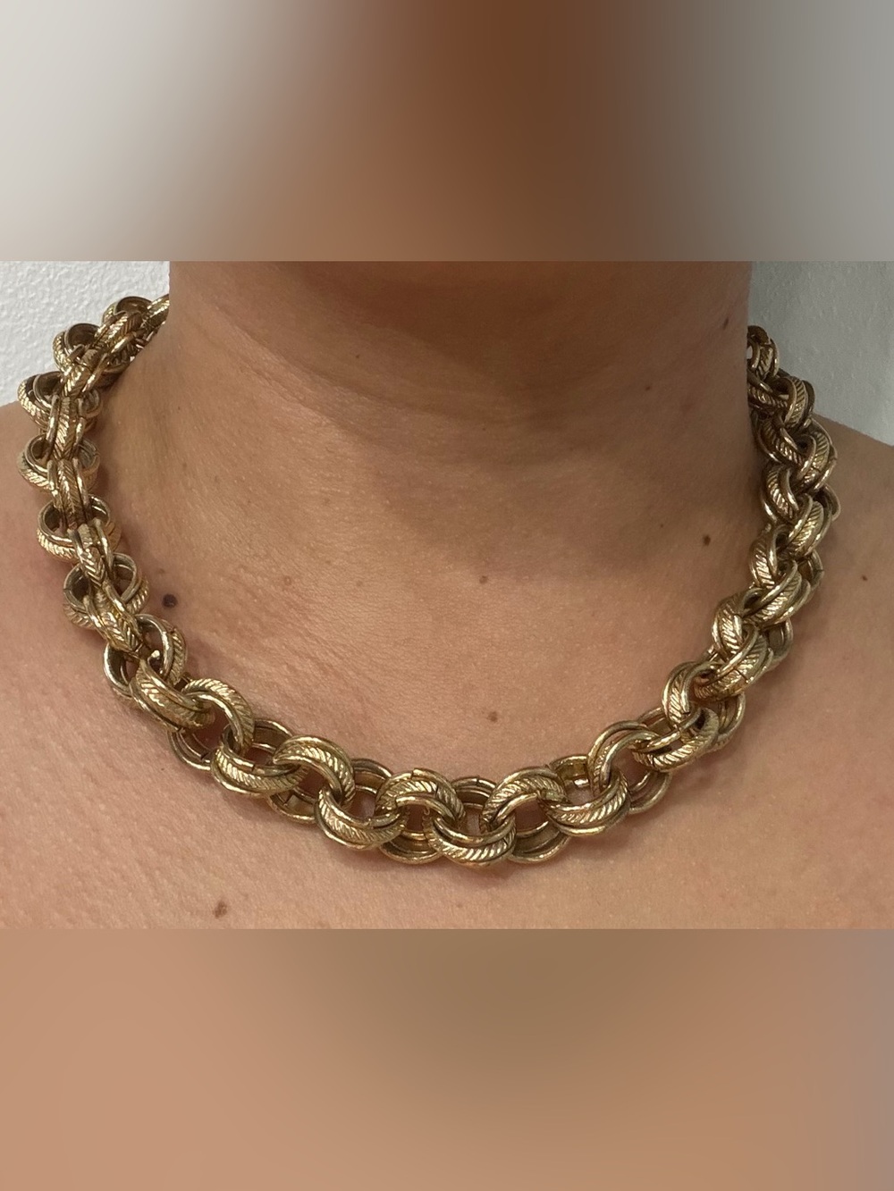 Vintage Gold Tone Textured Double Link Chain Necklace Chunky Rolo Belcher Steel
